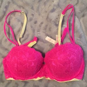 PINK lace bra with neon green accent